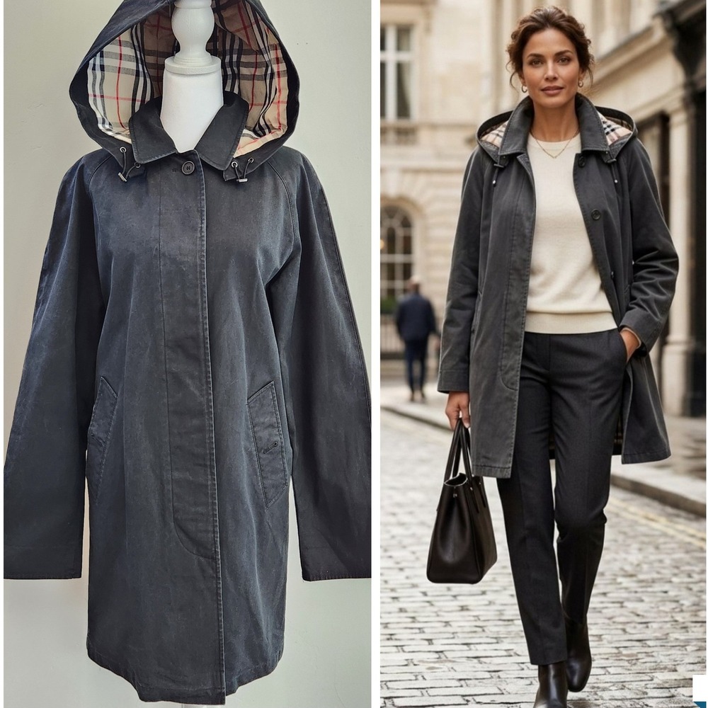 Vintage Burberry London Black Hooded Trench Coat Nova Check Lining Cotton Jacket